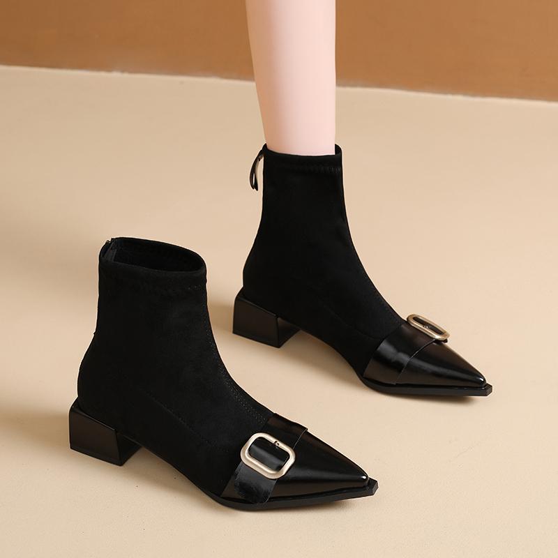Fashion Square Heel Single Boots Fall New Pointed Toe Metal Buckle Suede Rear Zip Anti-Slip Wear-Resistant Booties