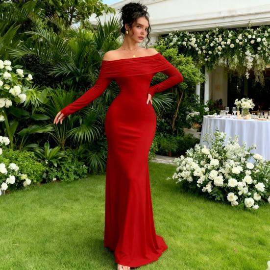 Kadın Omuz Düşük Bodycon Maxi Elbise Resmi Uzun Kollu Abiye Büzgülü Kulüp Parti Düğün Konuğu Elbisesi