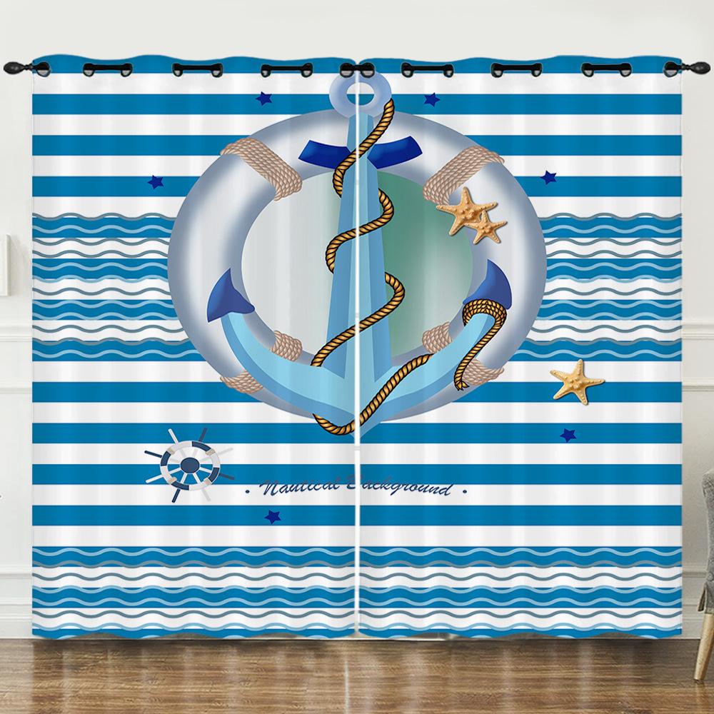 Curtains Nautical Anchor 3D Digital Printing Blinds Blackout Punching Can Be