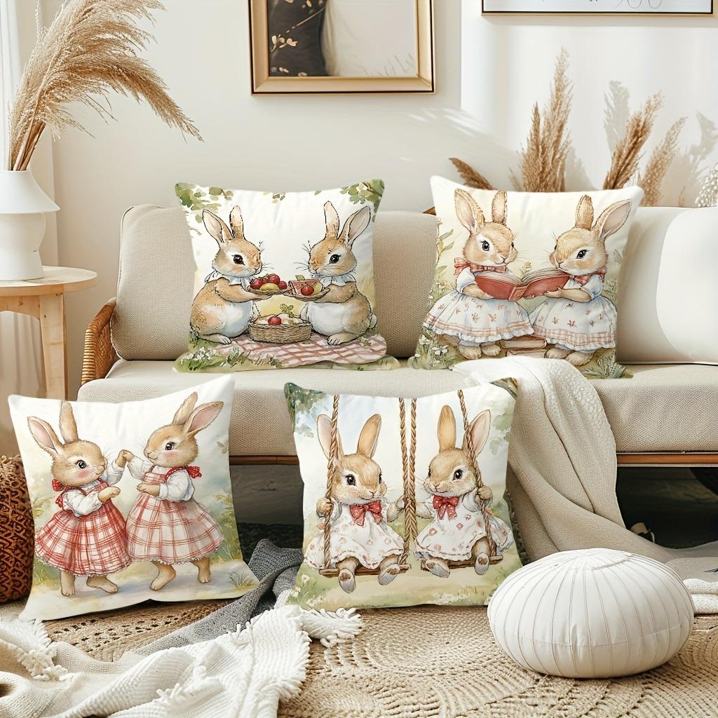 Cute Bunny Story Pattern With Zipper Closure Pillow Cover Living Room Sofa Special Pillow Cover Without Pillow Core