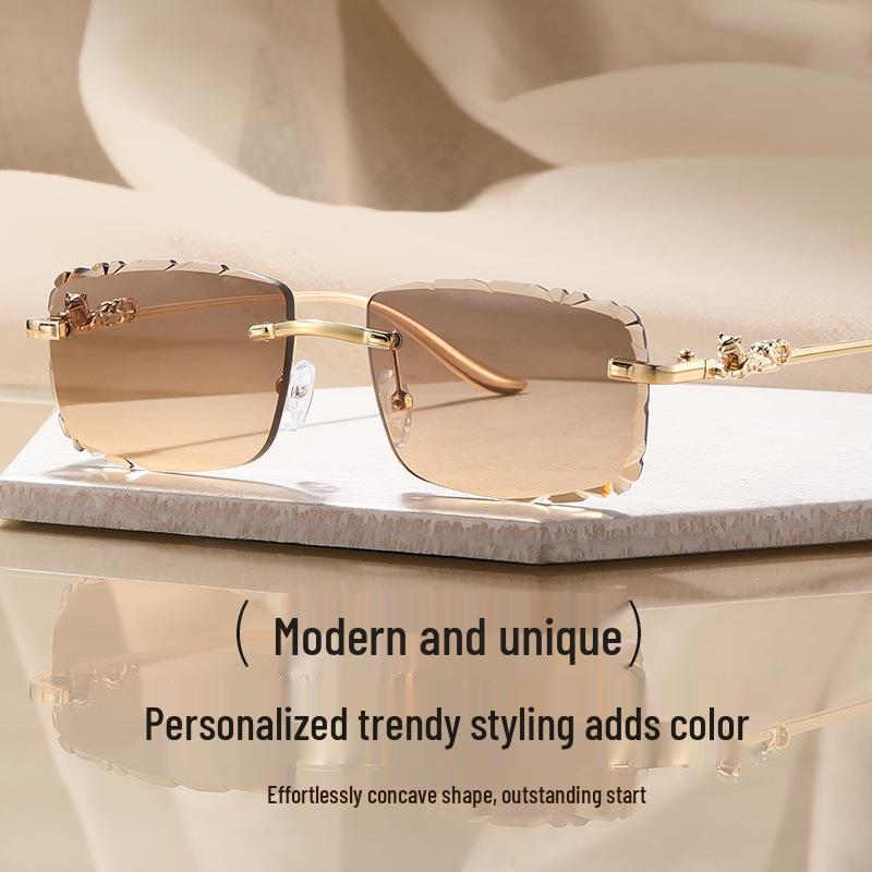 Leopard Head Rimless Sunglasses: Women's & Men's Small Square Frame