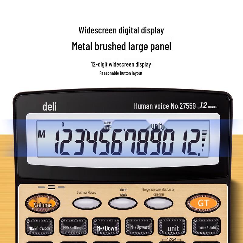 Deli Large 12-Digit Voice Calculator with Gold Metal Panel