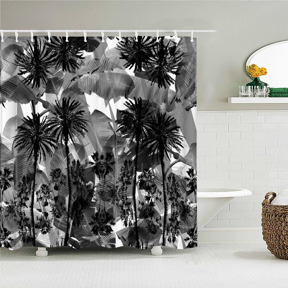 3D Shower Curtain Tropical Plants Palm Tree Birch Printed Waterproof Polyester Fabric Bath Curtains for Bathroom with Hooks