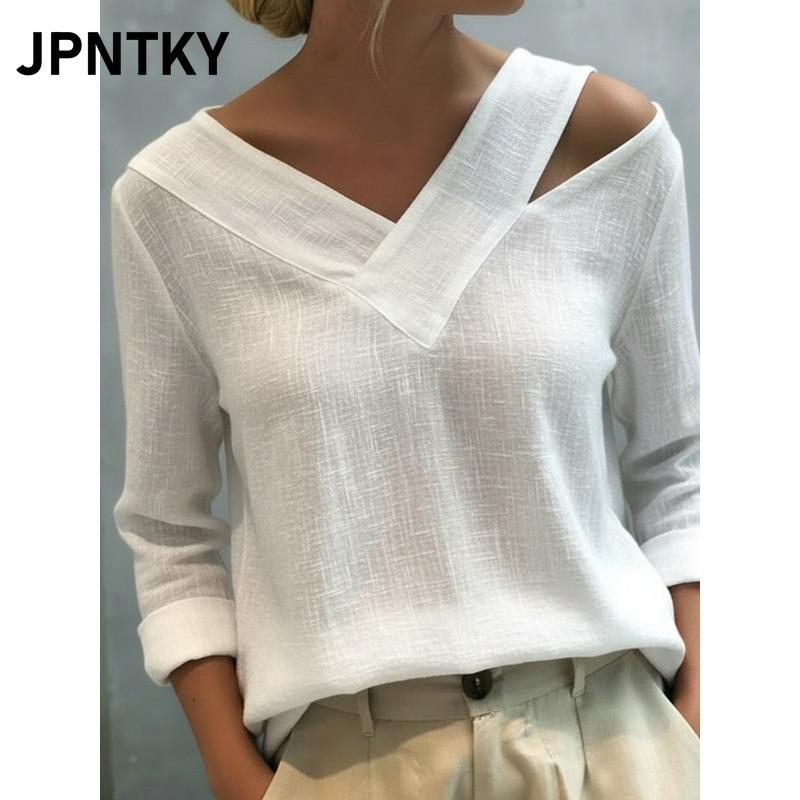 JPNTKY Women's Fashion Casual Solid Color Print V-Neck Long Sleeve Blouses & Shirts
