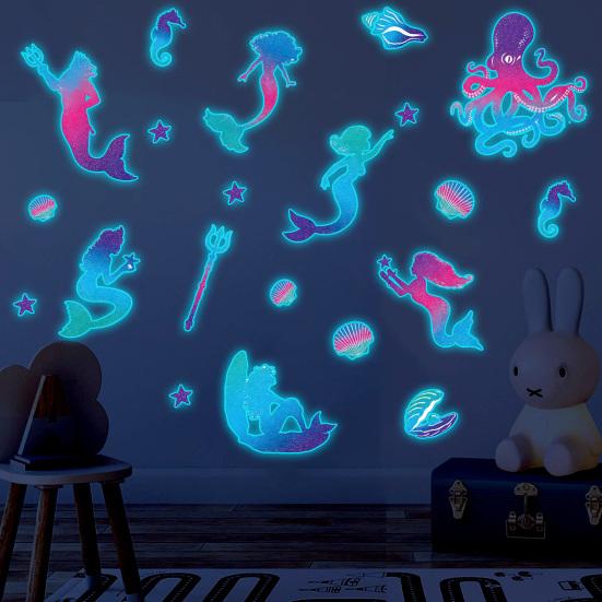 Under The Sea Glow In The Dark Wall Decals, Mermaids Seahorse Shells Luminous Sticker for Girls Room, Nursery, Bathroom, Ceiling, Wall Decor