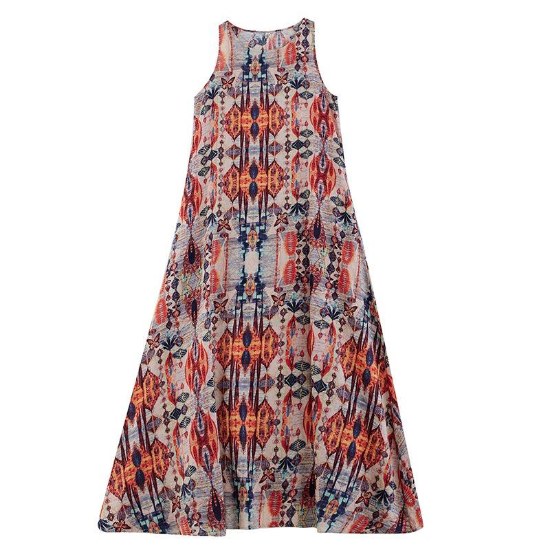 Real shot summer new bohemian long dress fattened plus sleeveless crew neck printed dress women