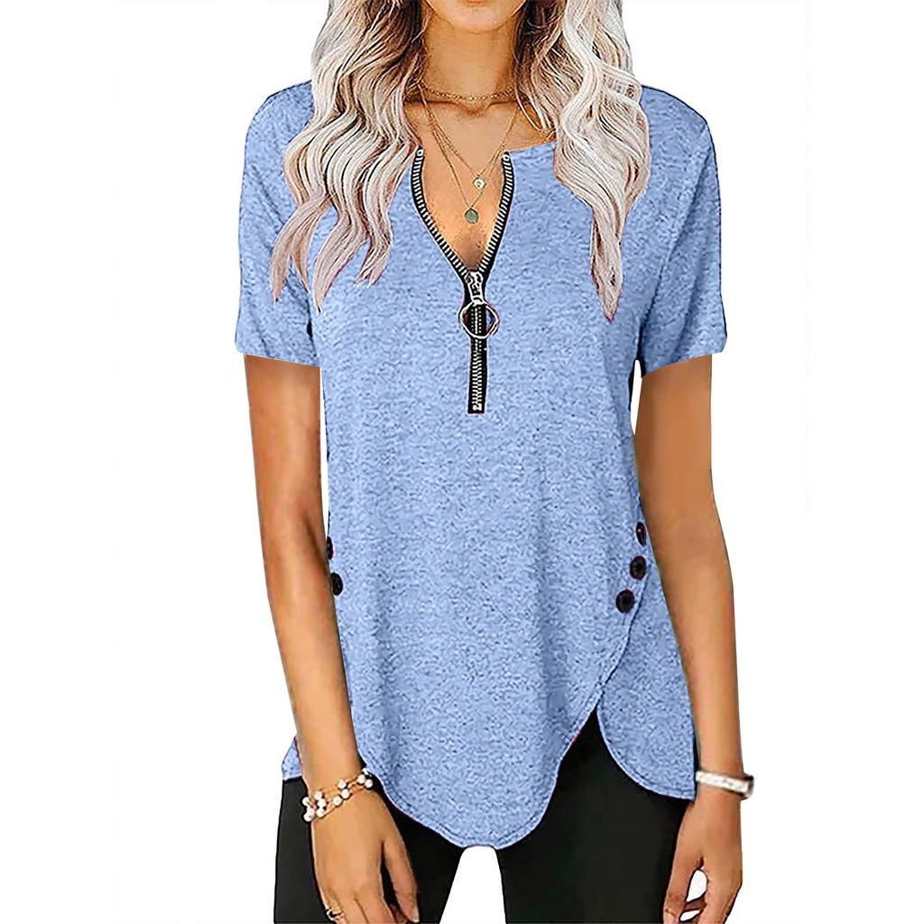 Womens Casual Color Zipper Short Sleeve Loose Top T-Shirt