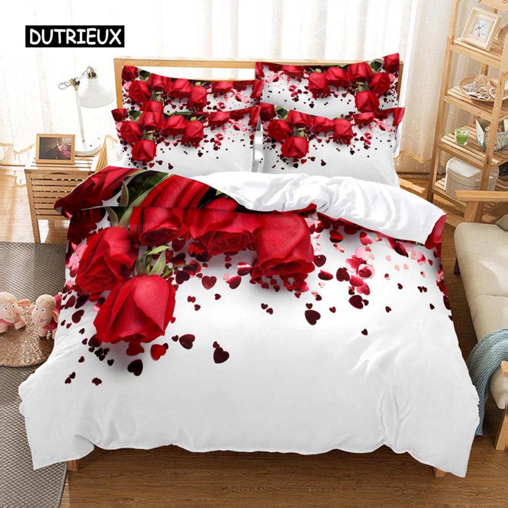 Povlečení červená růže Povlak na přikrývku/přikrývku Pouzdro na polštář 3D HD Double Full King Queen Twin Single 3/2KS Polyester Povlak na přikrývku