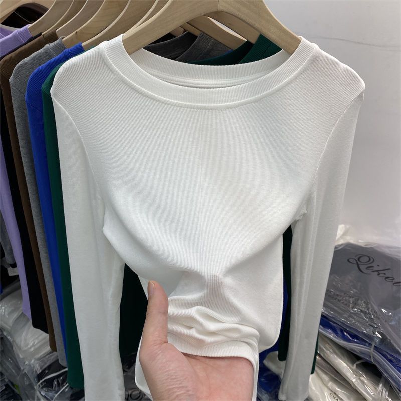 European O-neck Solid Color Long Sleeve T-shirt  Spring New Fashionable Versatile Elastic Bottom Shirt Top