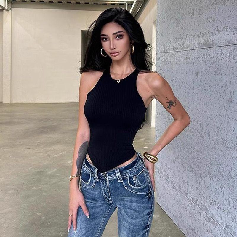 

Fashion High Elastic Knitted Sling Women s Autumn and Winter Chic Asymmetrical Curved Hem Vest Inner Match Sleeveless Halter Top Black XS