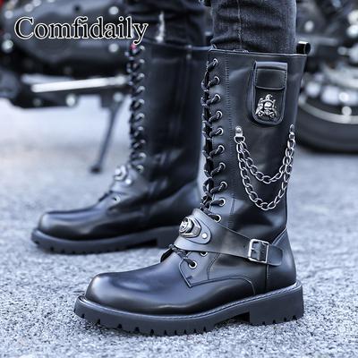 Herrenstiefel Mode Motorradstiefel Punky Stil Ritterstiefel Klassische Western-Cowboy-Stiefel Herren Mittelhoher Lederstiefel Botas Hombre