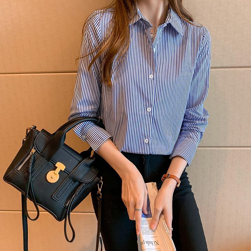 Profession Office Printing Striped Single-breasted Blouse Women New Long Sleeve Turn-down Collar Korean All-match Lady Shirt