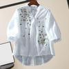 Women Retro Embroidery Flowers Pattern Shirt Collar V Neck Buttons Half Placket Sleeve Loose