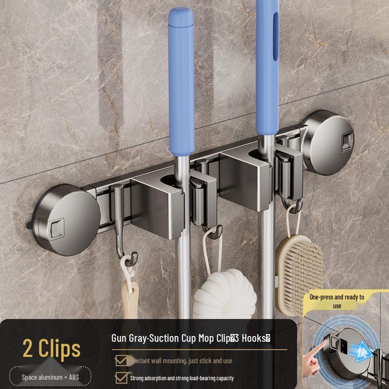 Mop & Broom No-Drill Wall Mount: Suction Cup Clip for Bathroom Storage
