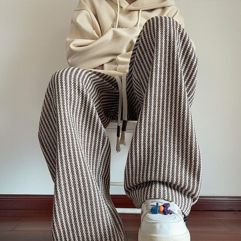 Men's American Retro Coffee Brown Striped Sweatpants - Straight Leg, Loose Fit, Heavyweight, Drapey Wide Leg for Spring/Autumn