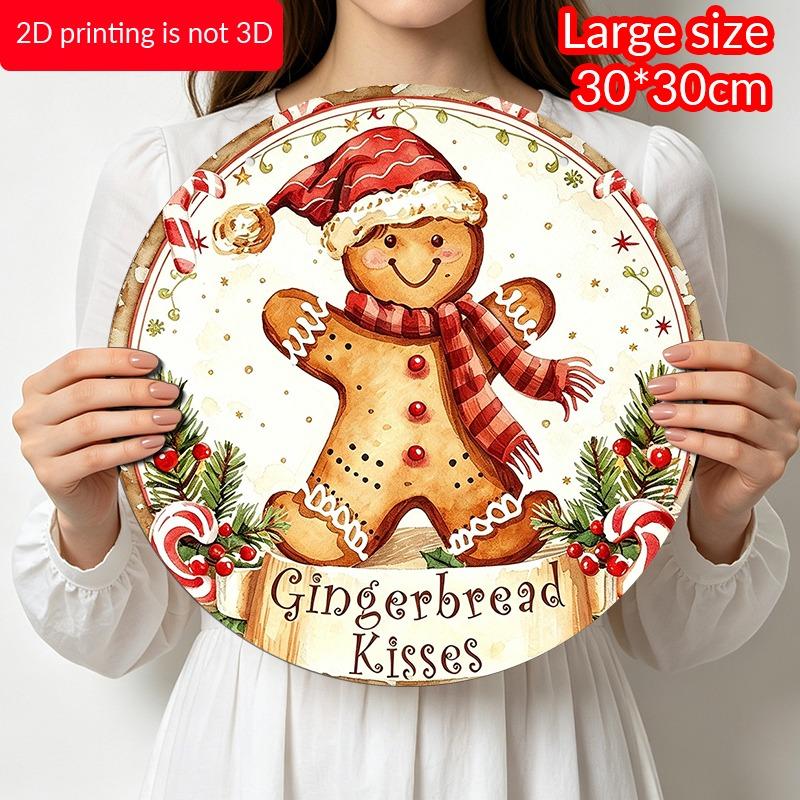 2D Flat, 1pc Decorative Plaques and Ornaments Sign, Round Distressed Aluminum Gingerbread Kisses Christmas Hanging Plaque, Candy Cane Pine Farmhouse