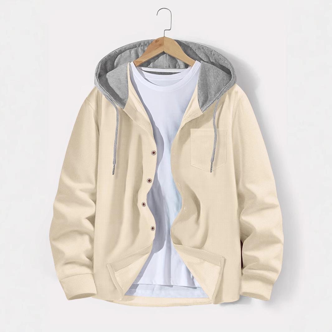 2026 Autumn Men s Color Block Waffle Knit Button-Up Hooded Cardigan Jacket S хаки