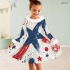 Girls Furry High Neck Long Sleeve Bow Waist Printed Red Blue White Star A Line Flared Dress