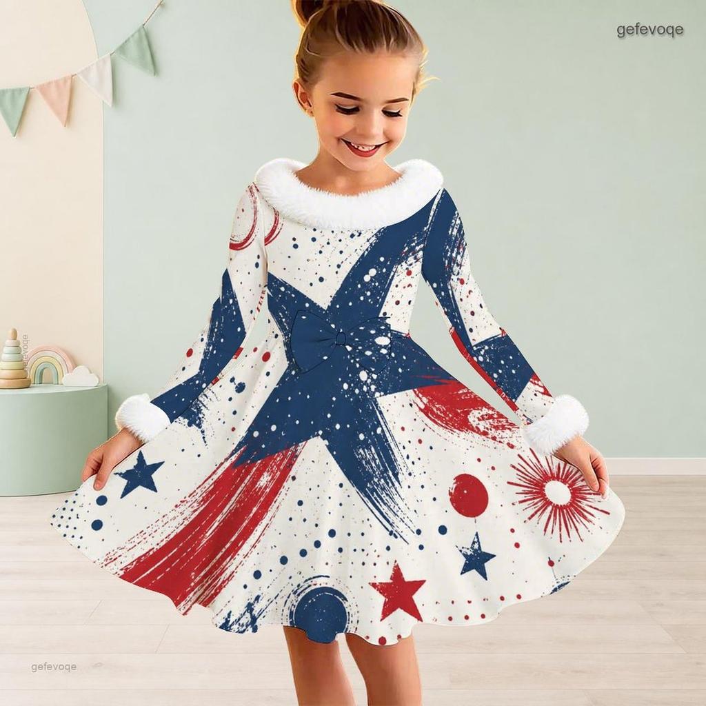 Girls Furry High Neck Long Sleeve Bow Waist Printed Red Blue White Star A Line Flared Dress