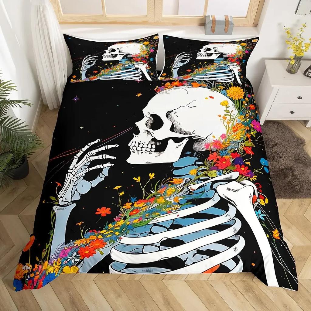 Floral Comforter Cover No Filling Black Skeleton Bedding Set Antique Victorian Baroque Skull Duvet Cover Gothic Vintage
