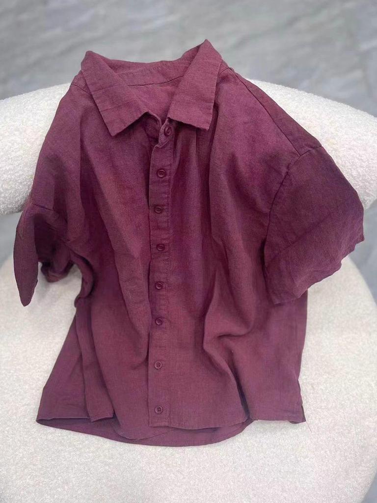 Women's Retro-Style Cotton & Linen Five-Sleeve Lapel Shirt for Spring/Summer