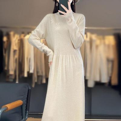 Vestido Suéter de Lana 100% Pura Primavera 2025 para Mujer, Bordado, Holgado, por Encima de la Rodilla, con Cuello Medio Alto
