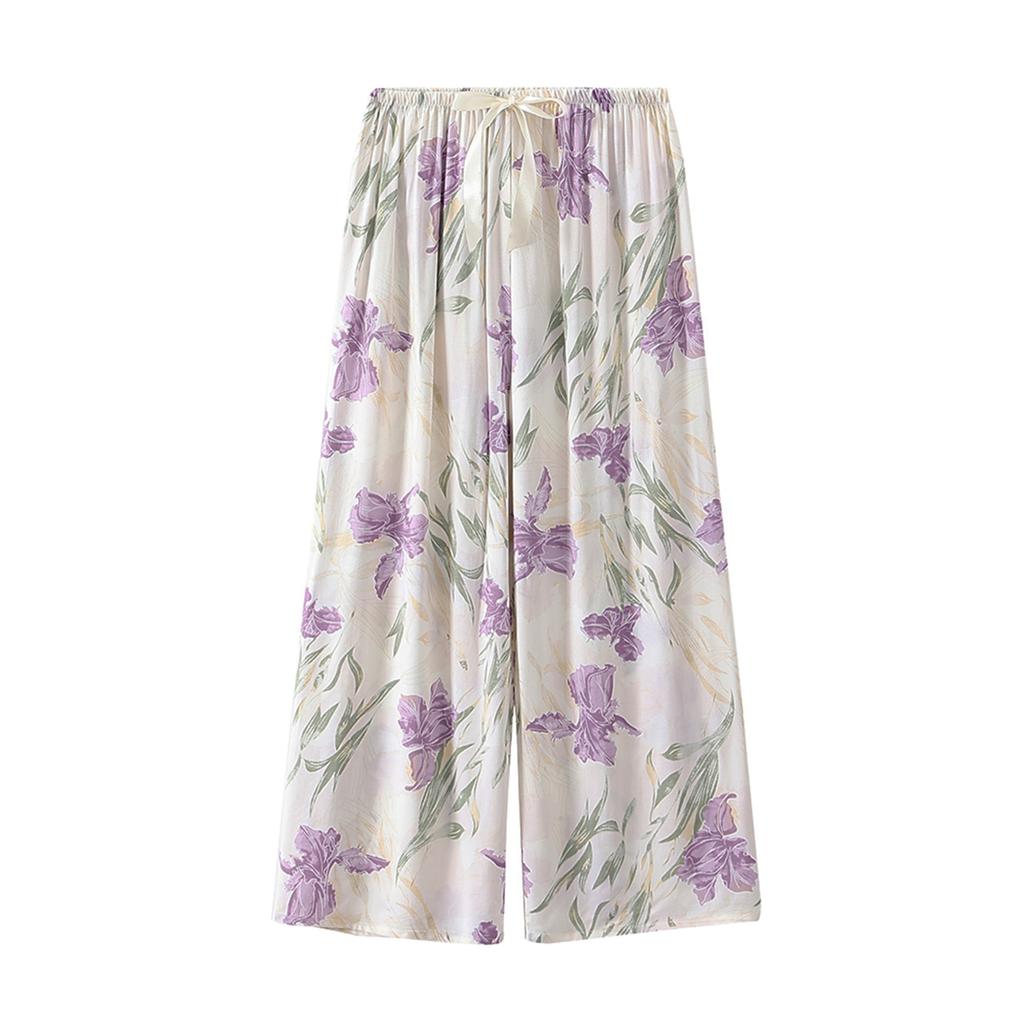 Women's Pajama Bottoms Floral Print Cuff Pants Wide Leg Pj Pants Elastic Waist Sleep Pants Loungewear Nightwear