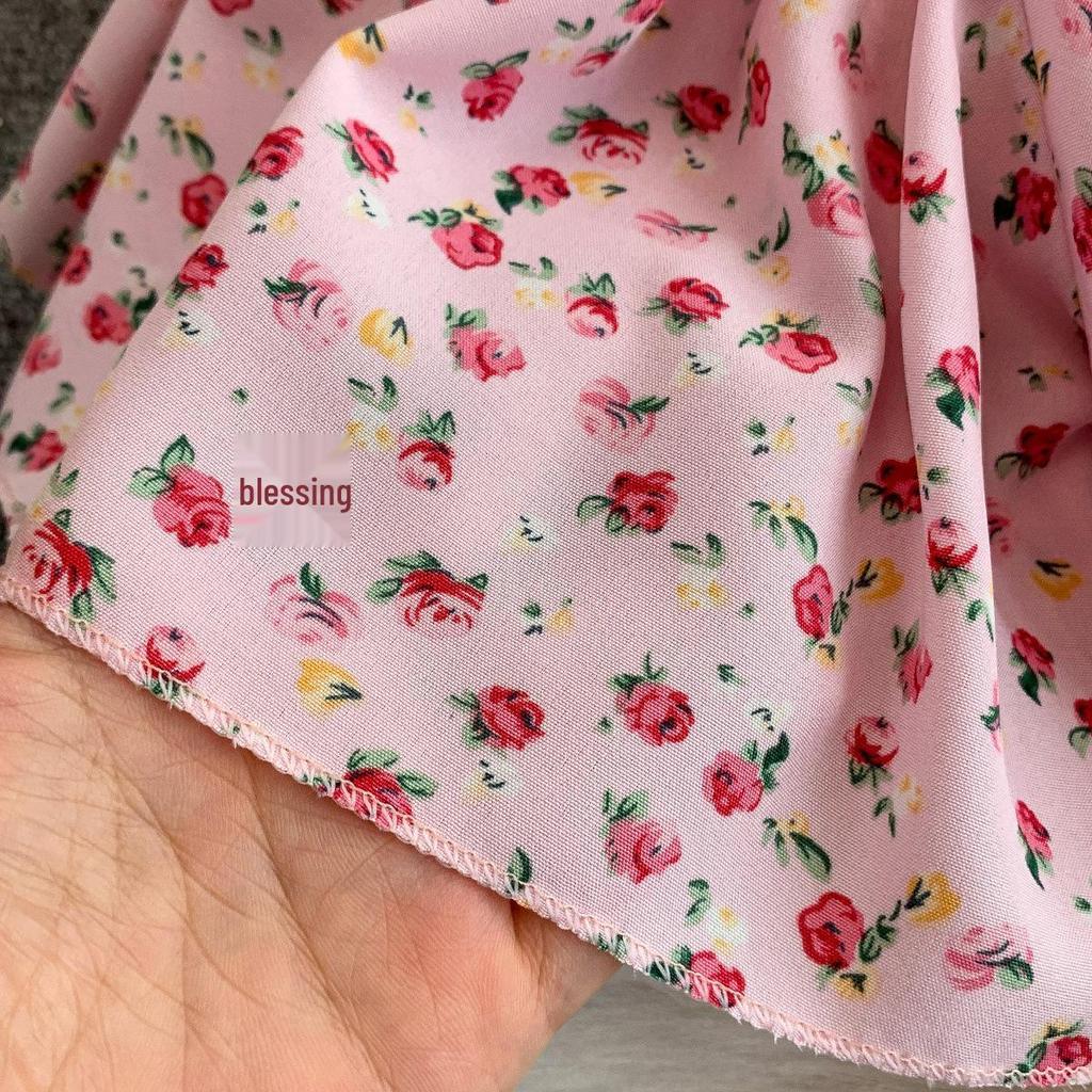 French Sexy Floral V-Neck Short Sleeve Lace-Up Waist Slim Pleated Long Dress