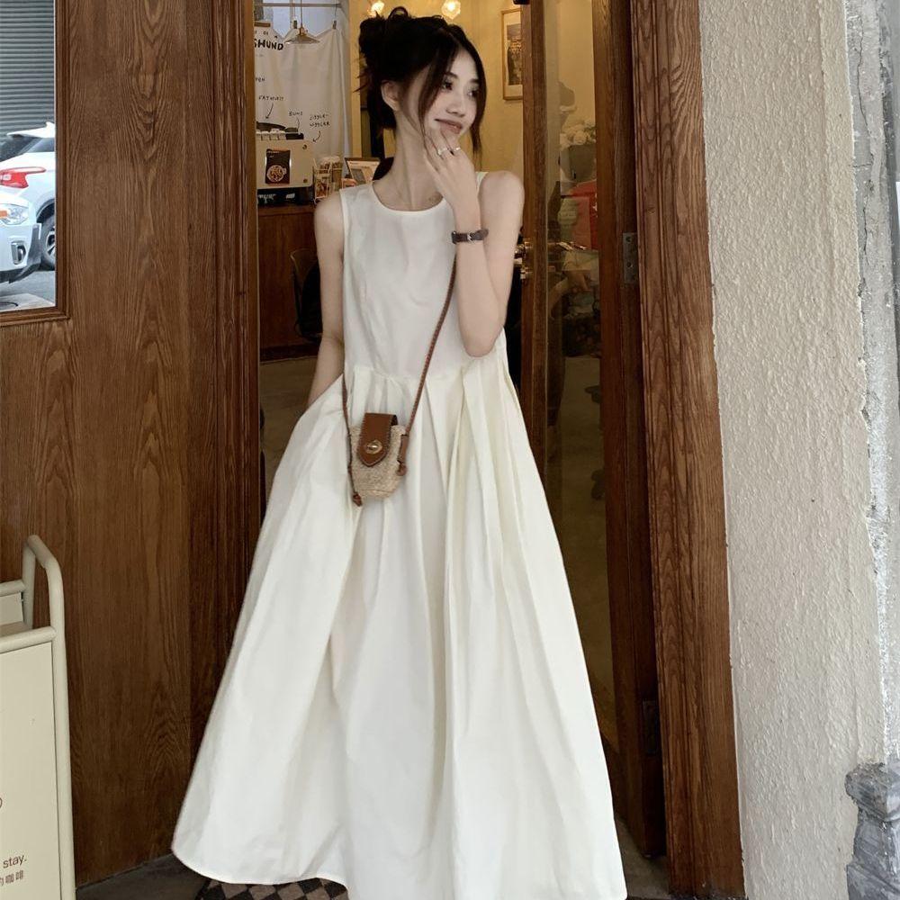 Summer new Korean women's clothing coffee break French white sleeveless dress small slim temperament vest long dress