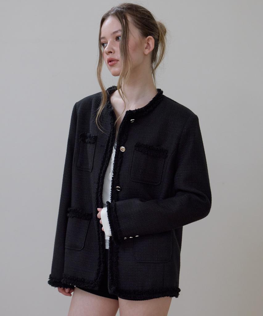 ROSEFRANTZ Fringe Pocket Tweed Jacket [Black]