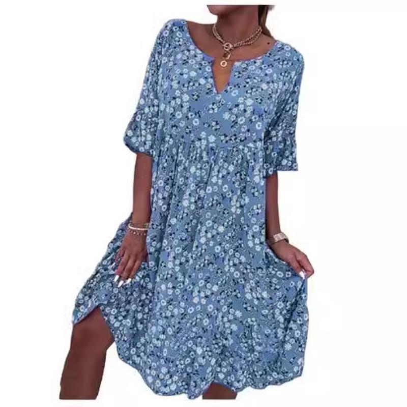 Moda Estiva Stampa Scollo a V Manica Corta Abito Ampio Taglia Forte Elegante Casual Semplice Donna Floreale A-line Abiti da Festa Abbigliamento Donna Dolce