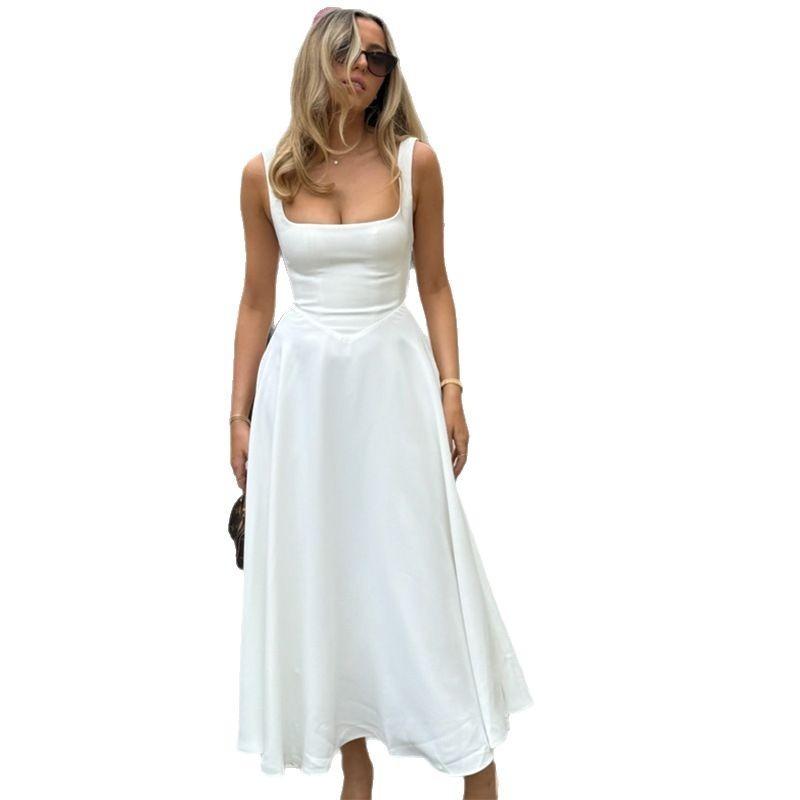 Summer New Women's Clothing Temperament Square Neck Sleeveless Waist Suspender Dress Women