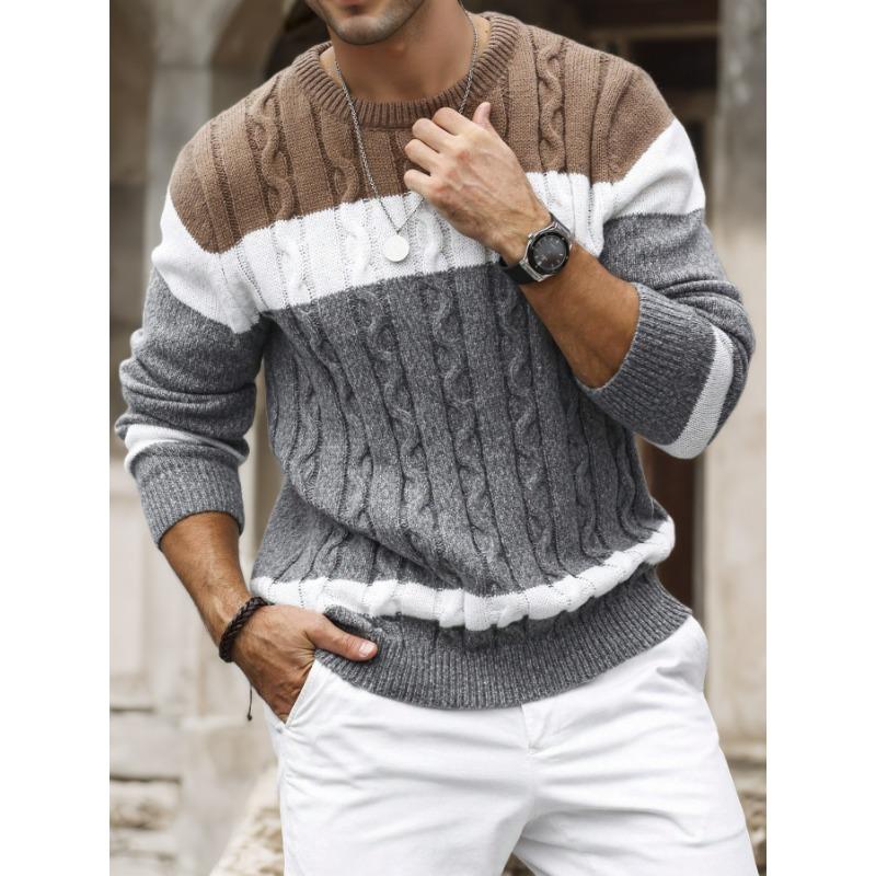 Mens Loose Fit Color Block Knit Crew Neck Sweater S