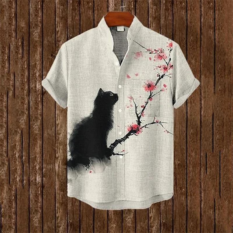 Cartoon Cat Short Sleeve Shirt Vintage Art Fish Print Men's Summer Shirt Casual Holiday Street Clothing New Collection
