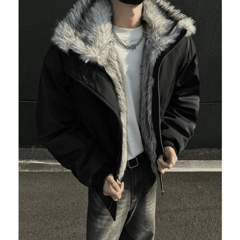 Mens Winter Hooded Thick Cotton Padded Jacket With Faux Fur Collar Loose Fit Warm Coat Daily Wear