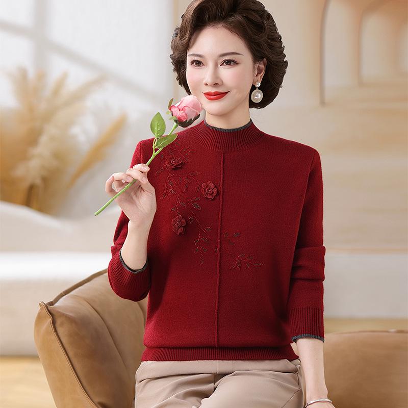 Winter Velvet Sweater: Versatile Long Sleeve Knitwear for Middle-Aged & Elderly Women