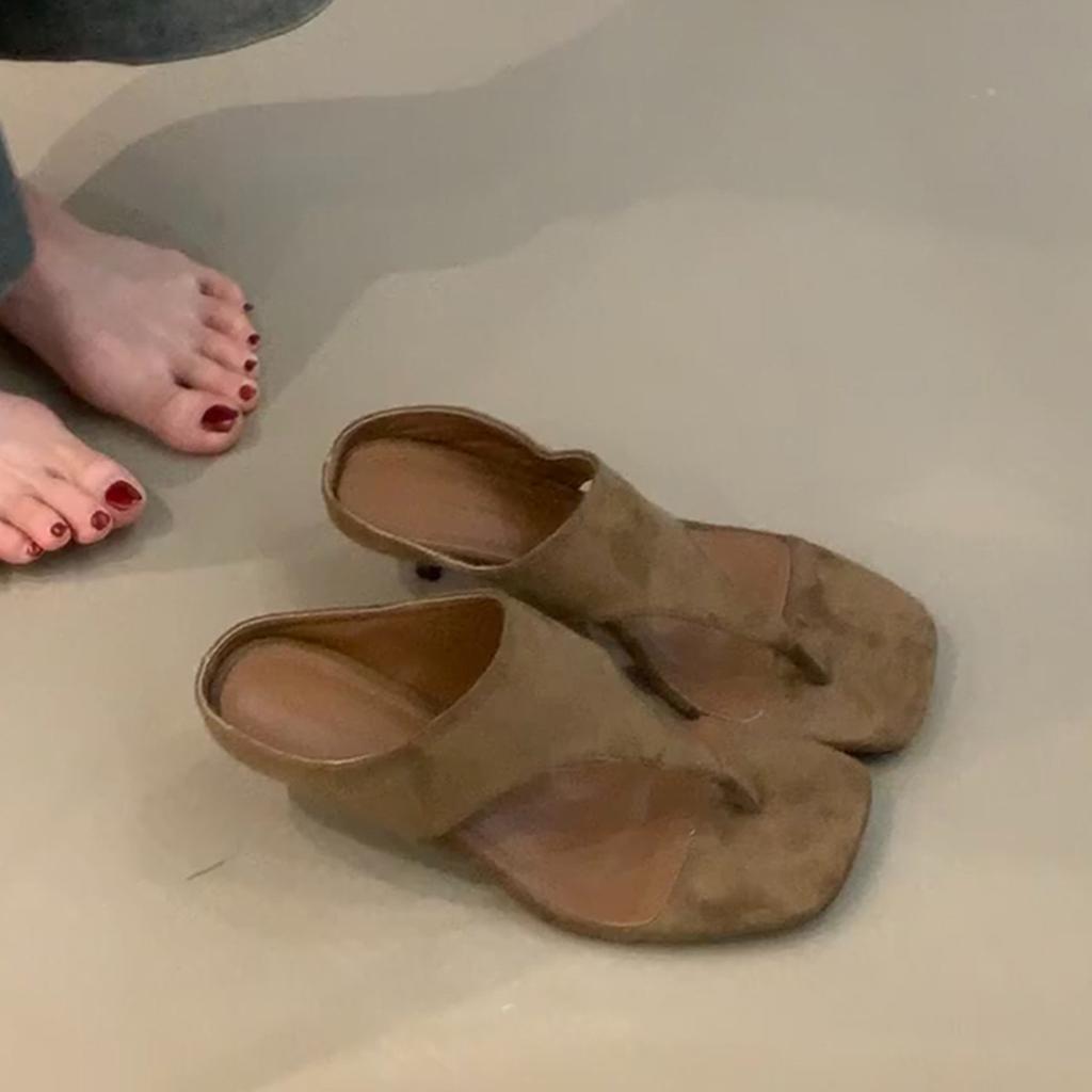 Sheepskin version~ outer wear retro high heels women's head open-toed sandals simple temperament thin heel flip-flops shoes