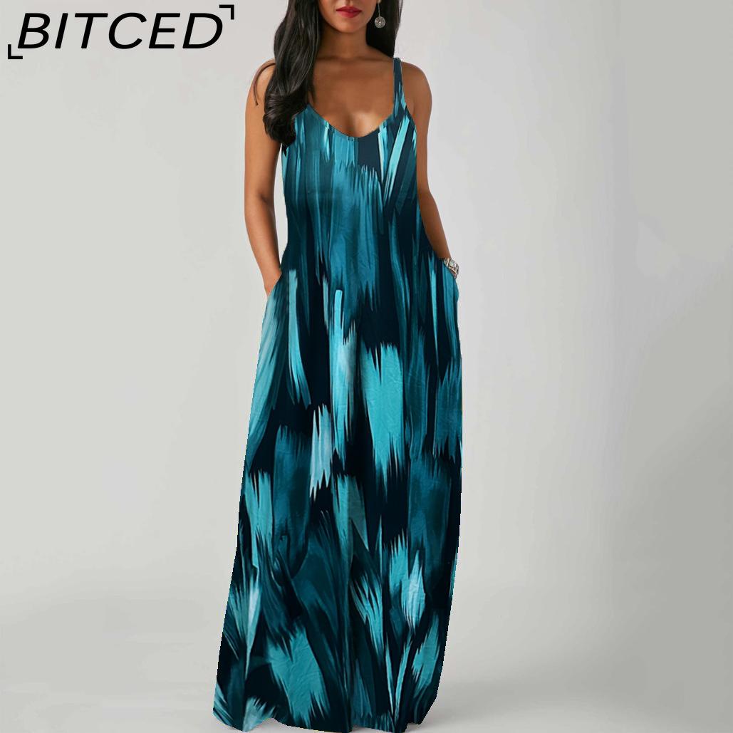 

BITCED Элегантное модное платье длиной до пола без рукавов с V-образным вырезом, простое женское летнее платье в стиле ретро с принтом, свободная талия, прямое платье XXXXXL