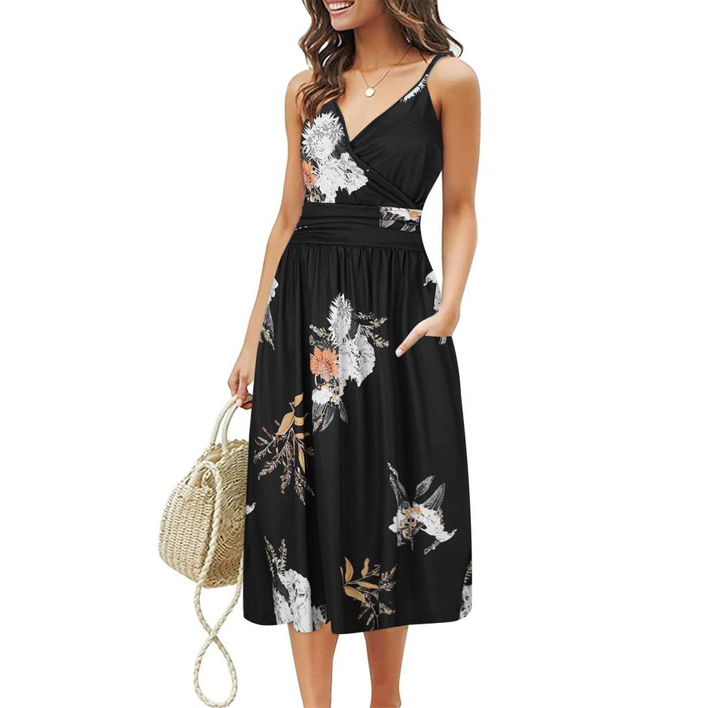 Women Casual Loose Pocket  Dress Fashion Beach Style Sleeveless Temperamental