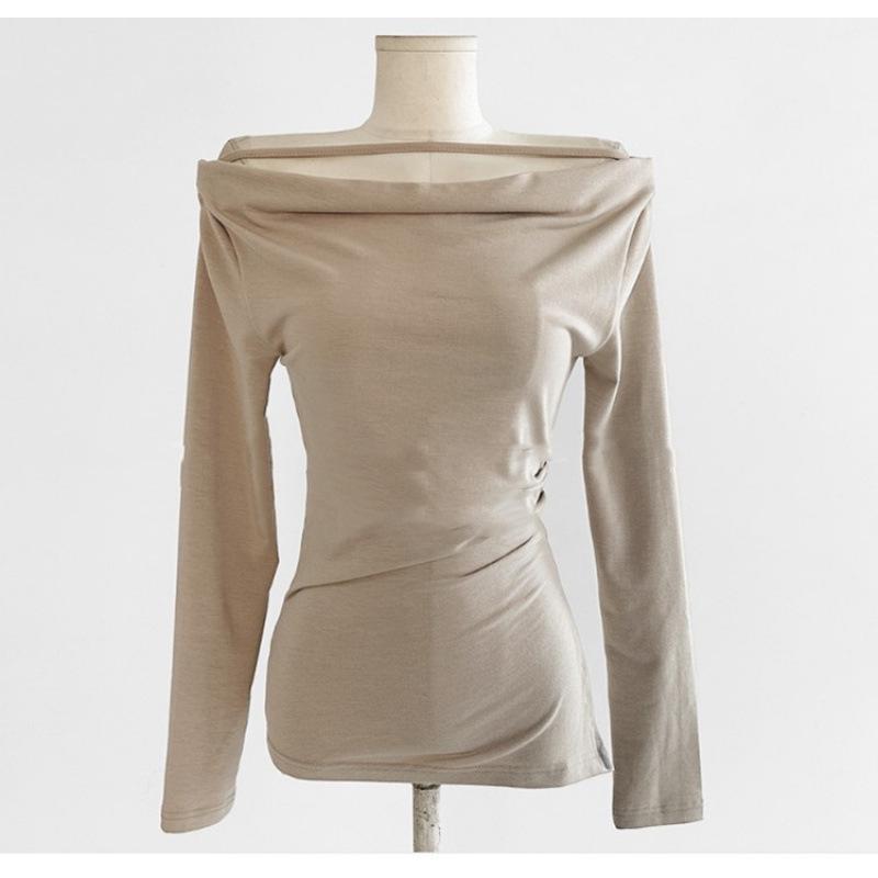 Korean Dongdaemun 2024 Women's Sexy One-Shoulder Slit Slim T-Shirt, Long-Sleeved & Feminine