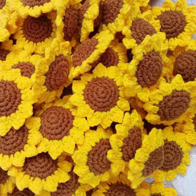 10pcs Handmade Crochet Sunflower Decorations,Yellow Floral Charm with Brown Center–Suitable for DIY Crafts,Keychains&Accessories