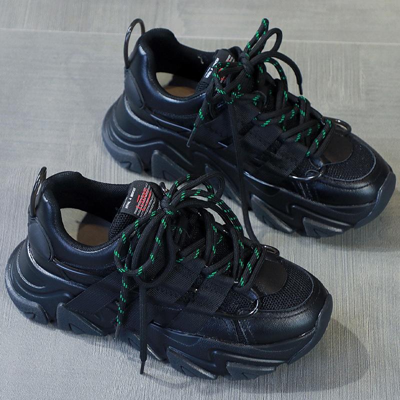 Black Sneakers Women's Dad Shoes Autumn Pair of Shoelaces Versatile Smart Smoked Shoes Increase Height