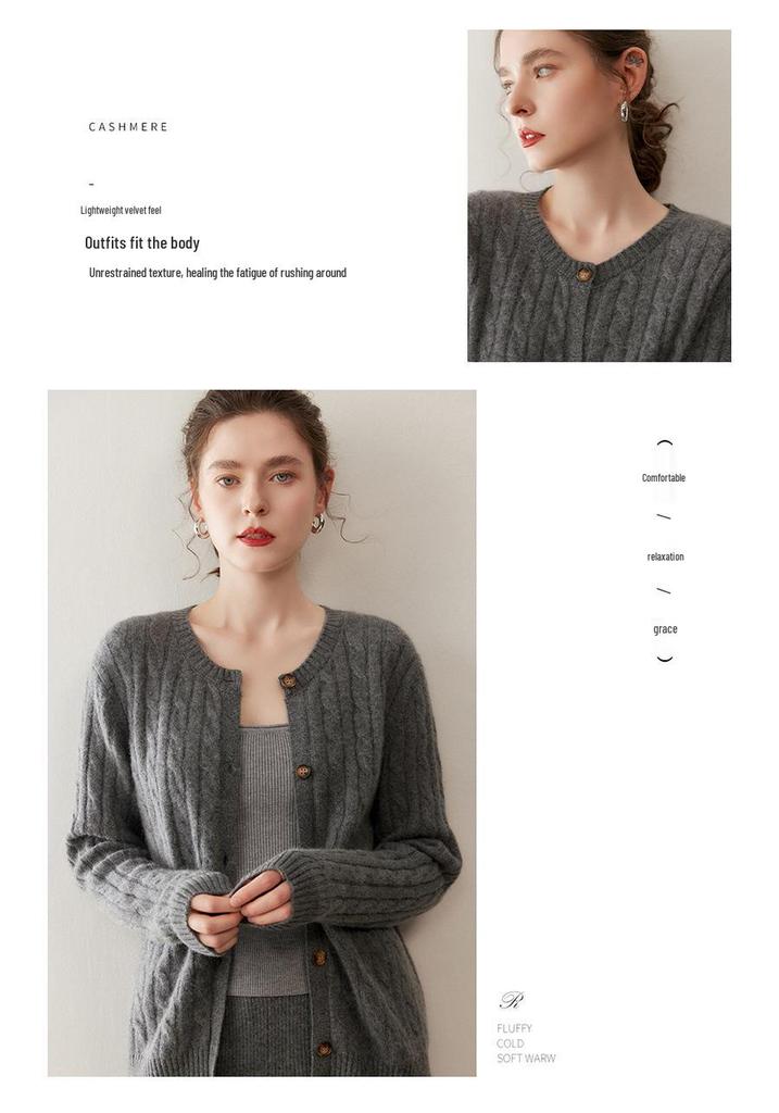 Round Neck Twisted Pattern Cashmere Cardigan for Women - Autumn/Winter Long-Sleeve Versatile Warm Sweater
