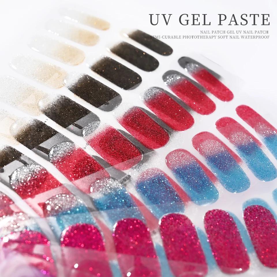 16Tips UV Semi-Cured Gel Nail Art Stickers Combo Pack Glitter High-Gloss Water-Proof Polish Wraps Full Cover Manicure Nails