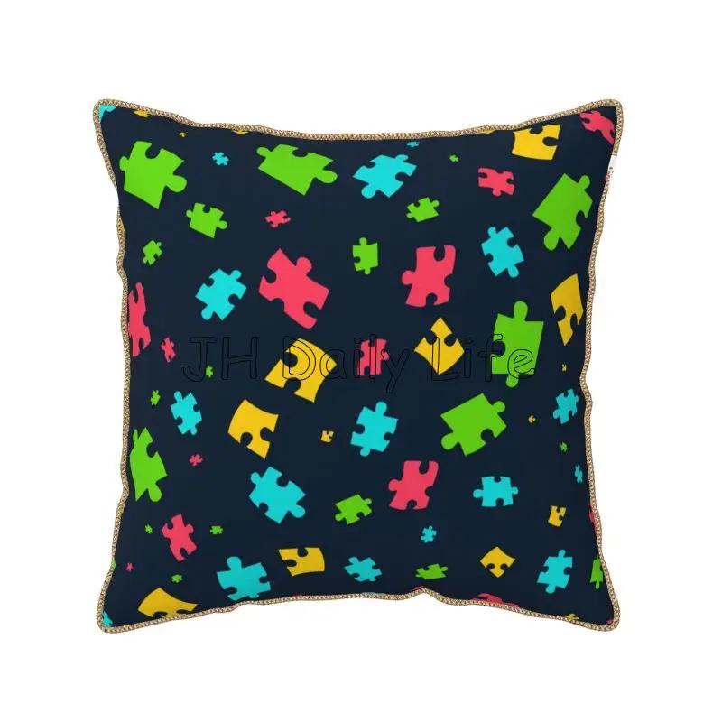 Autism Awareness Month Puzzle Piece Soft Velvet Throw Pillow Case 18x18 Inch Colorful Pillow Cover for Sofa Couch Bed Home Decor