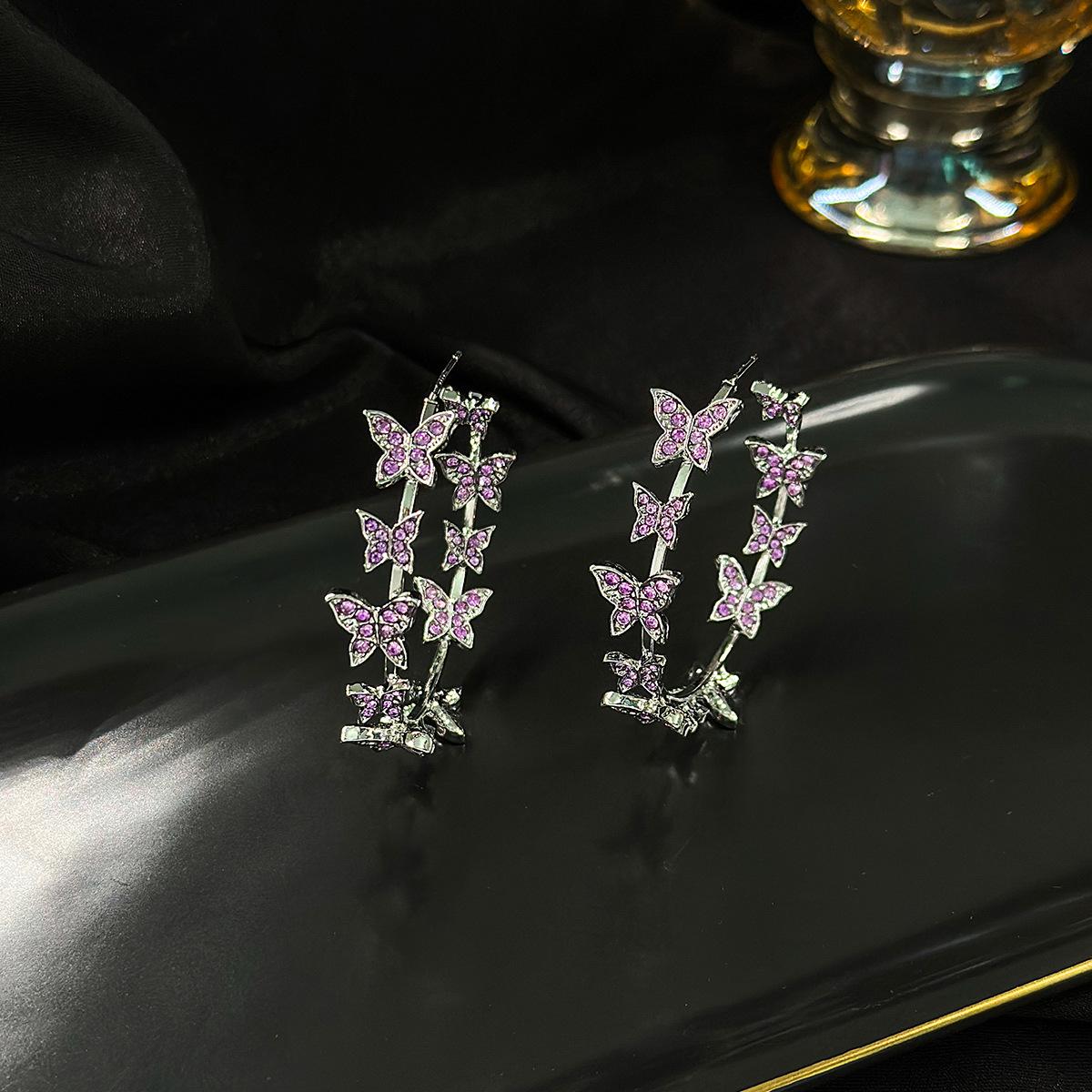 Diamond Butterfly Earrings, Light Luxury Design Circle Earrings, Sweet Three-Dimensional Micro-Set Earrings