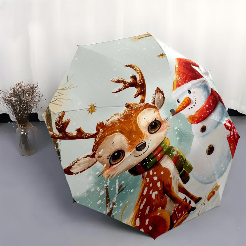 Deer,Snowman Automatic Folding Umbrella 8 rib Lightweight Design, Durable Iron Frame, Compact and Portable, Perfect Gift for Birthday, Chr
