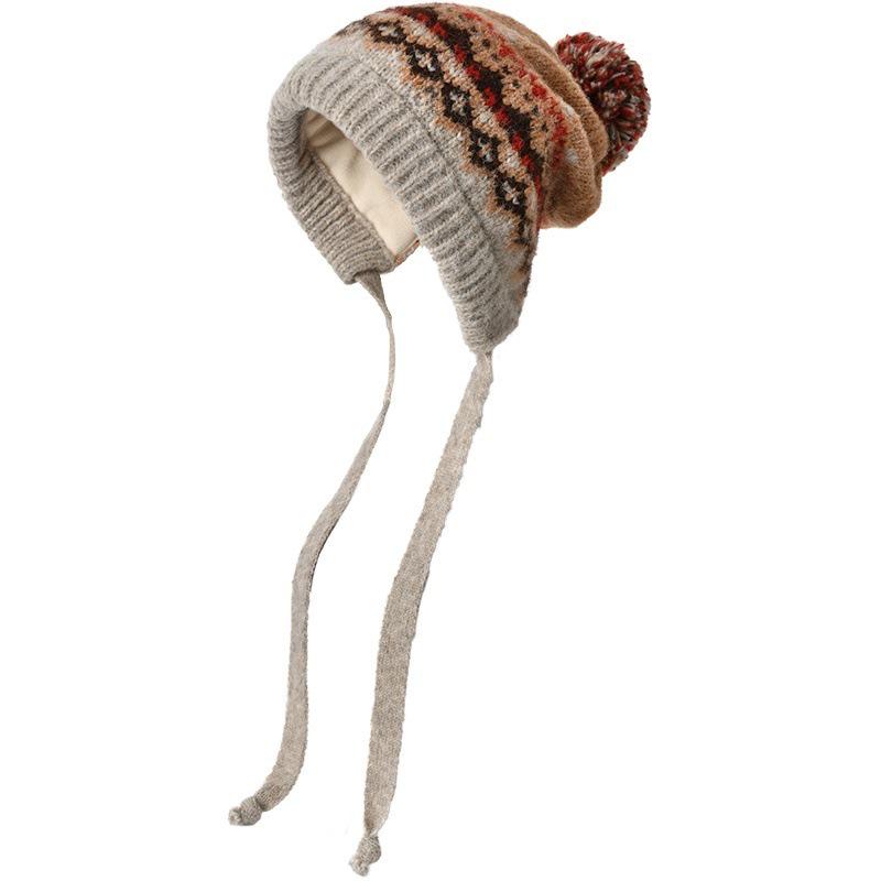 Women's Fair Isle Pompom Knitted Hat - Retro Jacquard Wool with Ear Protection for Winter Warmth