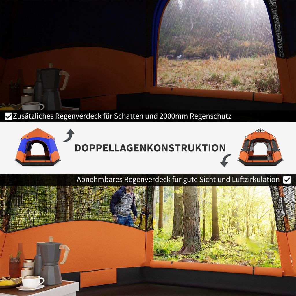 Six Man Hexagon Camping Tent with Hang Hook and Carry Bag - Orange and Blue