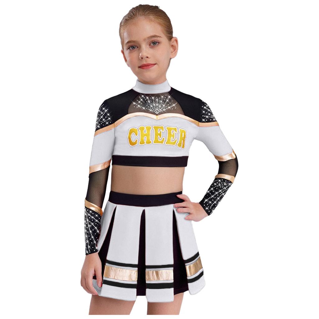 Bambina Ragazza Costume da Cheerleader 2 Pezzi Costume da Esibizione Manica Lunga Patchwork in Rete Trasparente Strass Color Block Crop Top con Gonna Pieghettata